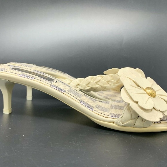 LOUIS VUITTON Damier Azul Flower Sandals #36 US 6 Heels Mules Ivory - Picture 5 of 11